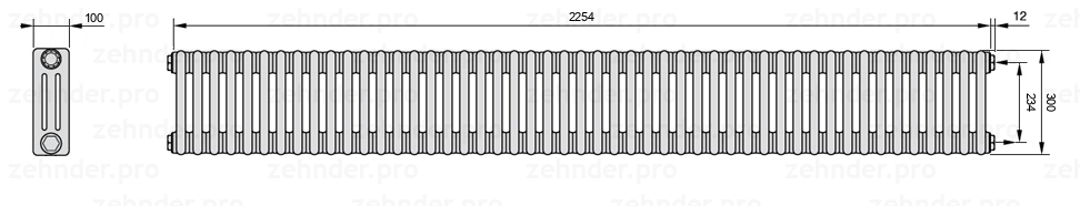 Схема (чертеж) Радиатор Zehnder Charleston 3030/49 №7610 Белый глянцевый RAL 9016